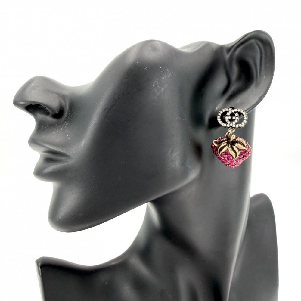 Rhinestone Gold Interlocking Stud Earring Gucci Strawberry - 2