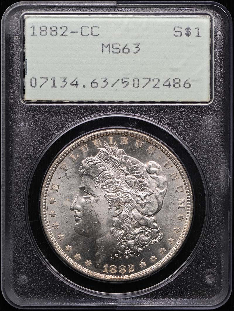 Morgan Dollar CC $1 1882 PCGS MS63: Morgan Dollar CC $1 1882 PCGS MS63 The Morgan Dollar CC $1 1882 PCGS MS63 is an uncirculated coin with a high grade of MS63, indicating excellent condition. Certified by the Professional Coin Grading 