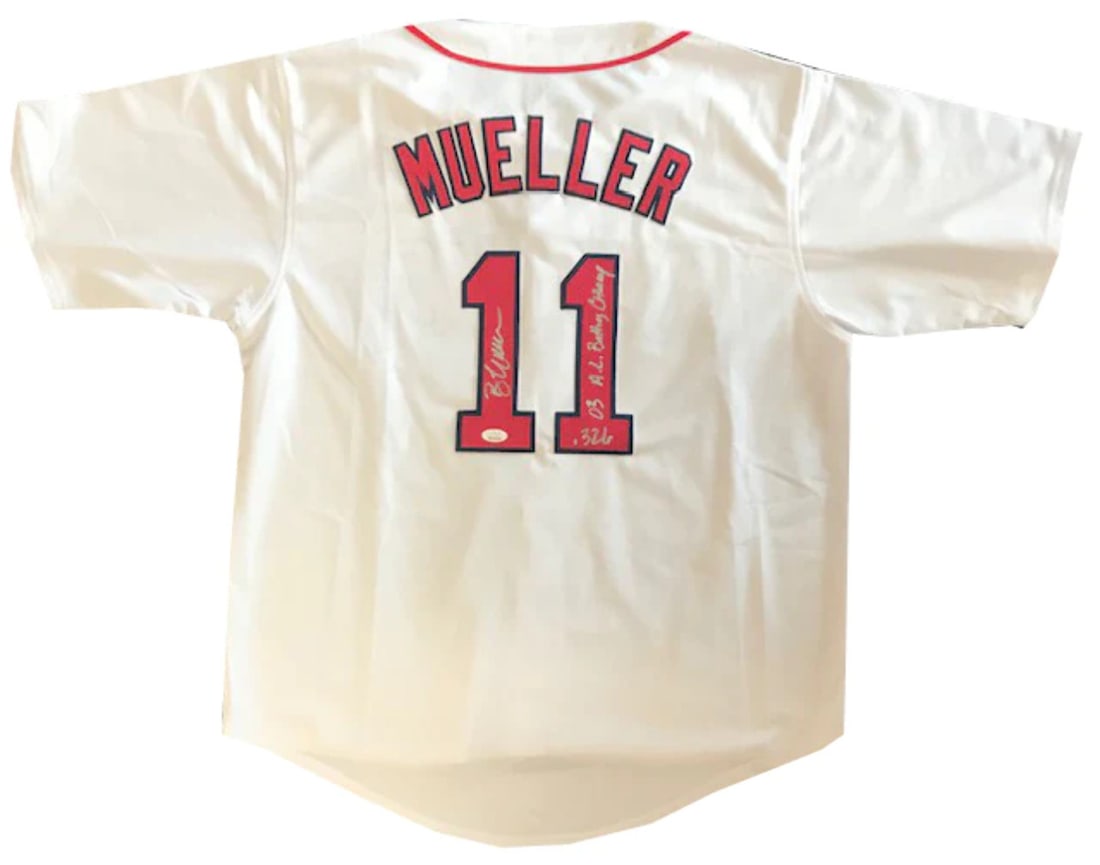 Mueller Autographed AL Batting Champ 326 Boston Red Sox Jersey JSA: Mueller Autographed AL Batting Champ 326 Boston Red Sox Jersey JSA Authentic Bill Mueller Autographed Boston Red Sox Jersey. The jersey features the signature of Bill Mueller, AL Batting Champ in 2003