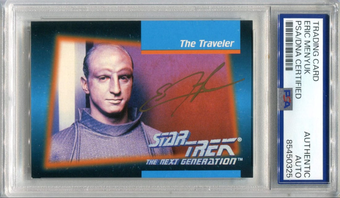 Menyuk 1992 Star Trek The Next Generation PSA Authentic Auto Card: Menyuk 1992 Star Trek The Next Generation PSA Authentic Auto Card Eric Menyuk's 1992 Star Trek The Next Generation PSA Authentic Auto Card, graded #24 by Professional Grader. This card features a sign