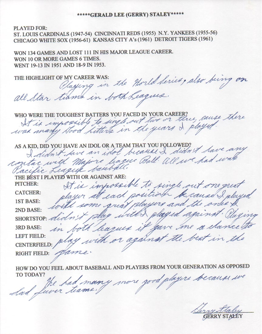 Hand Filled Out Autographed By Gerry Staley Survey Page (1 of 2)