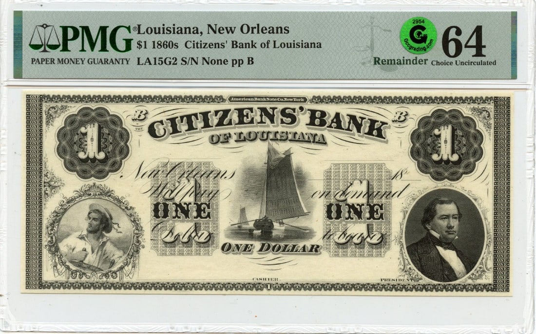 1860s $1 New Orleans, Louisiana Obsolete Note Citizens Bank PMG CU64 GCC Green: 1860s $1 New Orleans, Louisiana Obsolete Note Citizens Bank PMG CU64 GCC Green This 1860s $1 New Orleans, Louisiana Obsolete Note features a unique green tint and is certified by PMG as MS64 Uncircula
