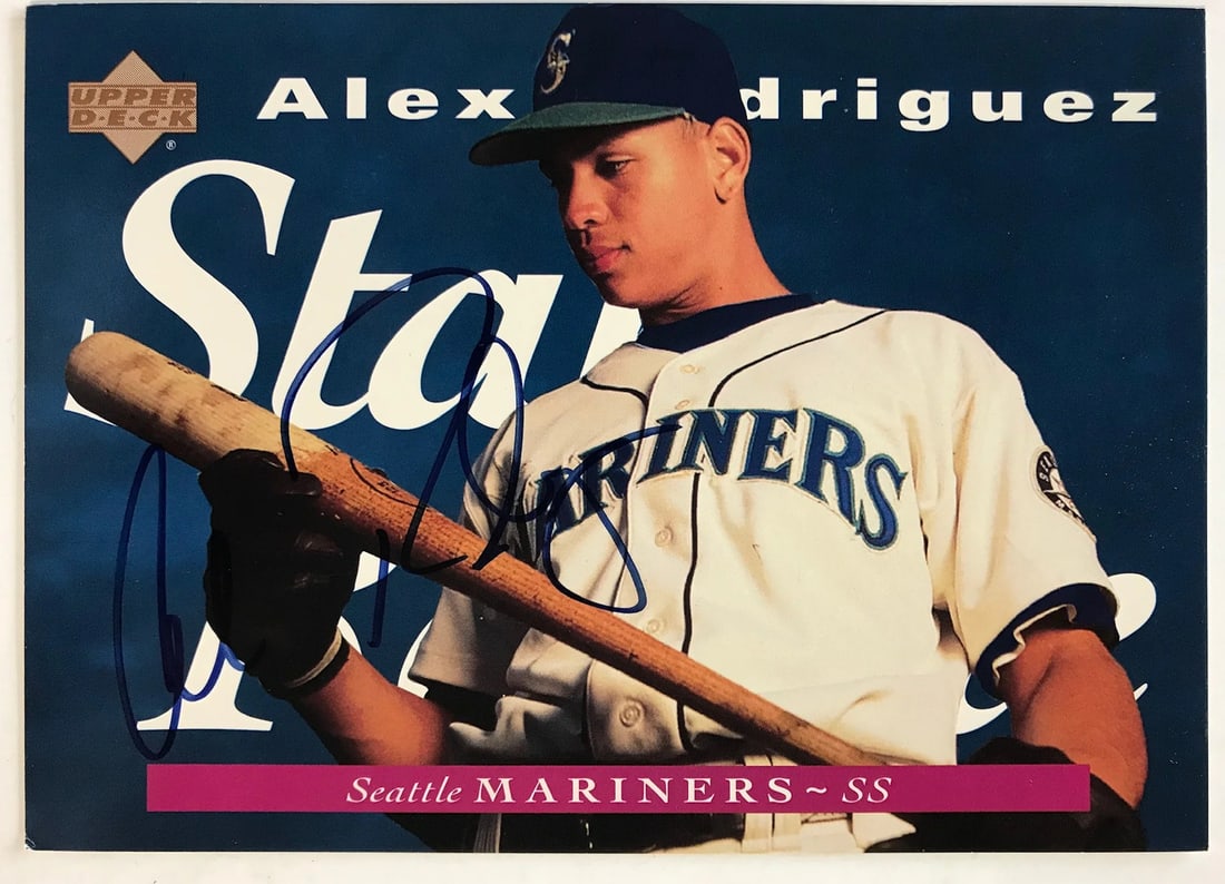 Rodriguez Alex Autographed 5x7 Card Deck Upper: Rodriguez Alex Autographed 5x7 Card Deck Upper Alex Rodriguez's sharpie signature across the front of the photo adds a unique touch to this 5x7 Upper Deck card, commemorating his time with the Seattle
