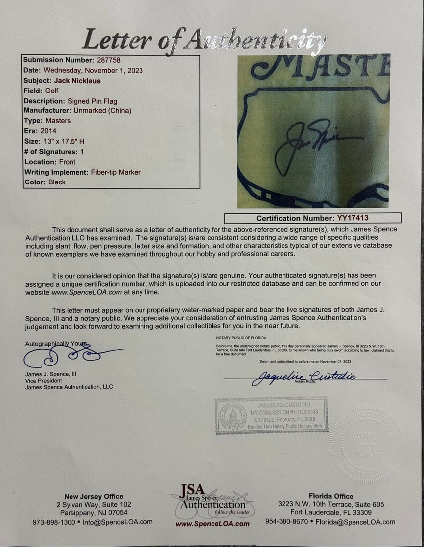 Jack Nicklaus autographed Framed 2014 Masters Flag (JSA) - 2