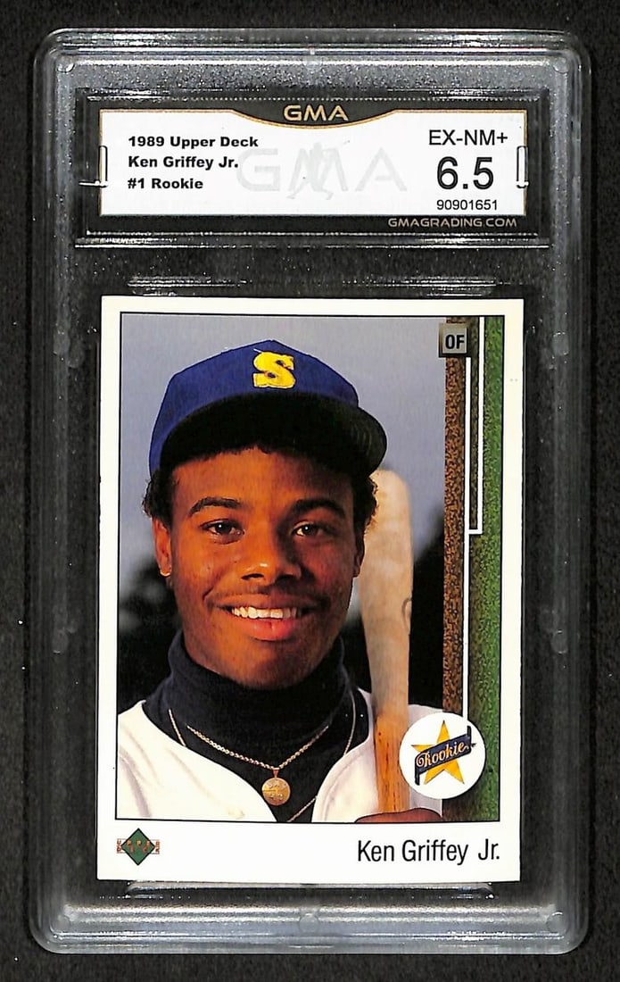 Ken Griffey Jr. HOF Mariners 1989 Upper Deck Rookie Card #1 GMA 6.5 209867: Ken Griffey Jr. HOF Mariners 1989 Upper Deck Rookie Card #1 GMA 6.5 209867 Original 1989 Upper Deck Rookie Card #1, featuring Ken Griffey Jr. in his Mariners uniform, graded GMA 6.5 by Professional Sp