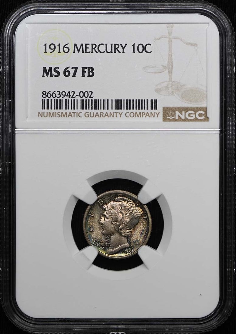 MS67FB dime NGC 10C 1916 Mercury: MS67FB dime NGC 10C 1916 Mercury MS67FB dime NGC 10C 1916 Mercury - A highly graded, uncirculated 1916 Mercury Dime with an MS67 grade from the Numismatic Guaranty Corporation (NGC), showcasing except