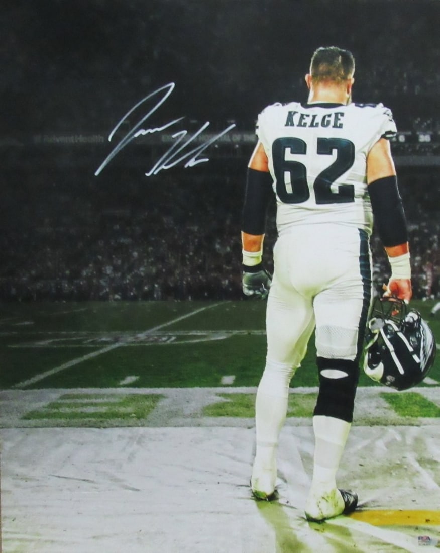Jason Kelce Philadelphia Eagles Signed/ Auto 16x20 Back Photo PSA/ DNA 190364: Jason Kelce Philadelphia Eagles Signed/ Auto 16x20 Back Photo PSA/ DNA 190364 Authentic Jason Kelce signed 16x20 photo from the Philadelphia Eagles, bearing PSA/DNA authentication and a unique DNA cod