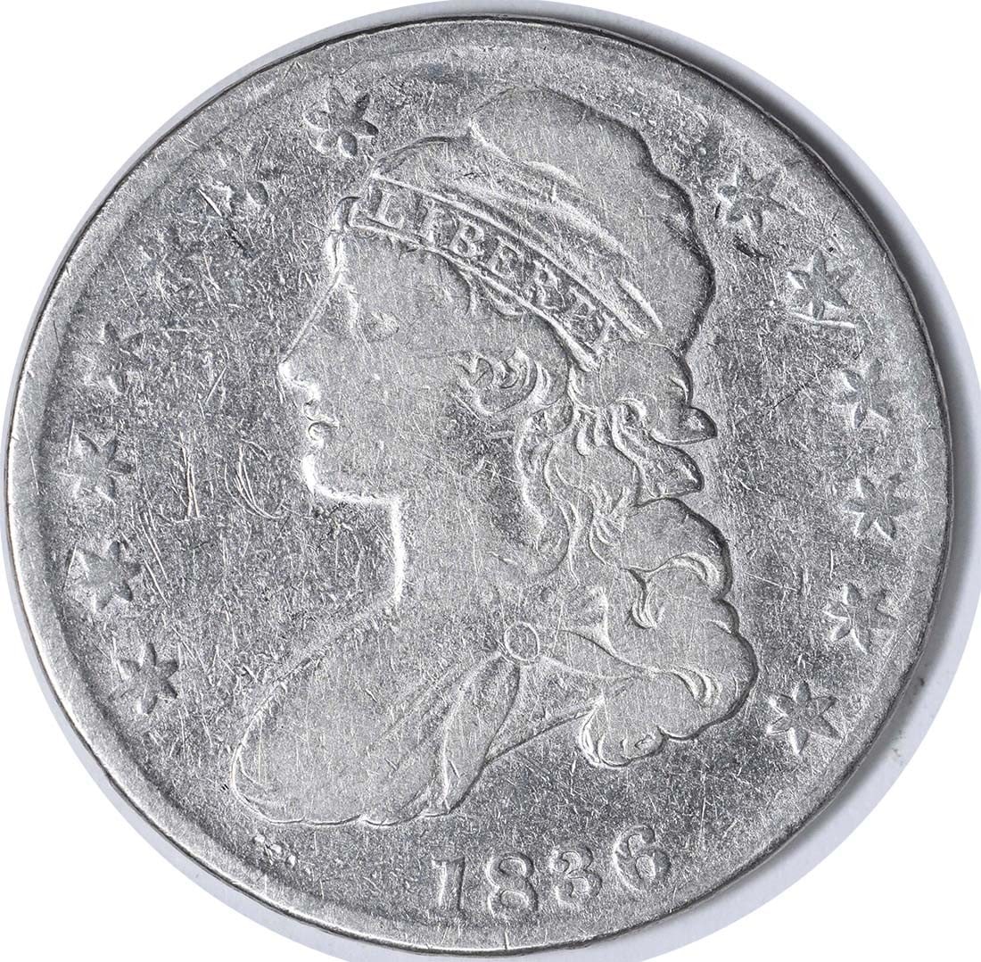 1836 Bust Silver Half Dollar Lettered Edge F Uncertified: 1836 Bust Silver Half Dollar Lettered Edge F Uncertified The 1836 Bust Silver Half Dollar features a lettered edge, making it easily identifiable as a genuine coin from the Philadelphia mint. With its