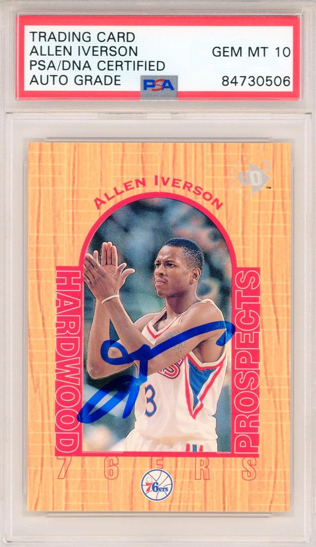 PSA Auto Gem Mt Iverson Allen #14 Hardwood Prospects Card 1997 UD3: PSA Auto Gem Mt Iverson Allen #14 Hardwood Prospects Card 1997 UD3 Item Specifics: Brand: PSA/DNA Allen Iverson Autographed 1997 UD3 Hardwood Prospects Card #14 Card is signed in blue sharpie across