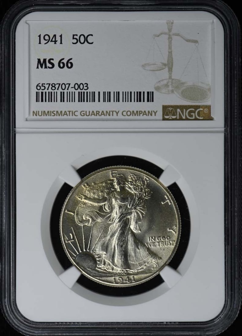 Half dollar 50c from 1941 Walking Liberty NGC MS66: Half dollar 50c from 1941 Walking Liberty NGC MS66 The 1941 Walking Liberty half dollar boasts a stunning MS66 grade, showcasing exceptional detail and luster. Certified by the Numismatic Guaranty Cor