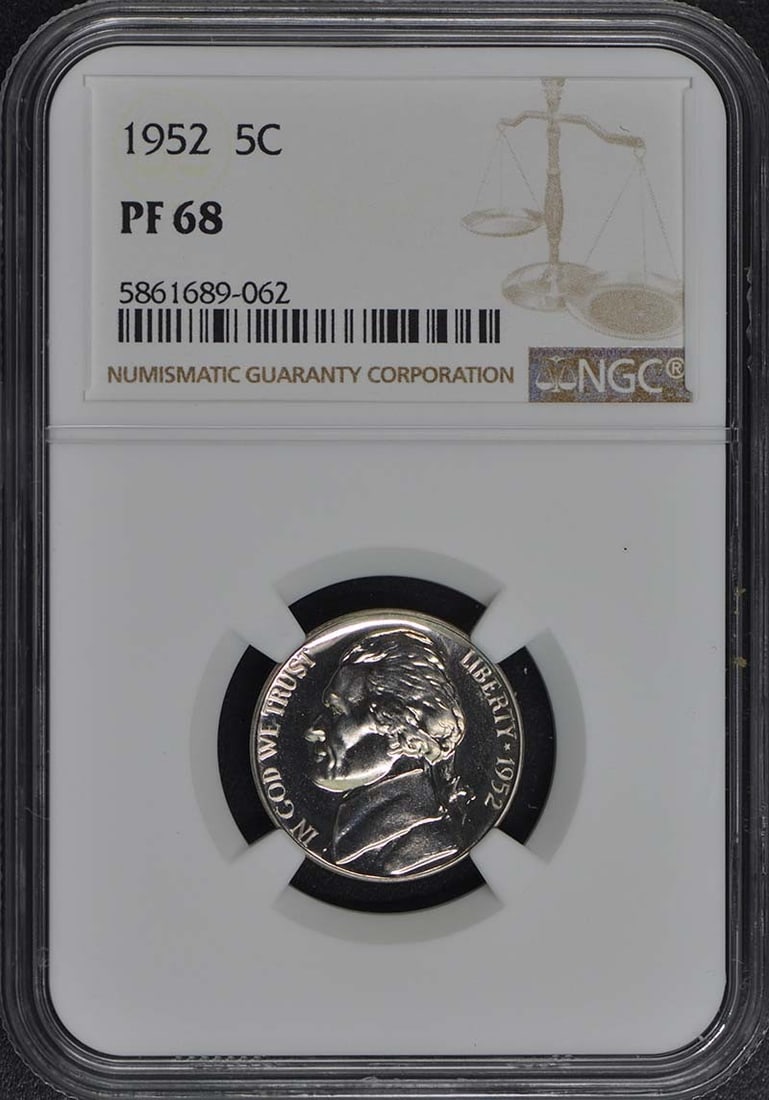 1952 Jefferson Nickel 5C NGC PR68: 1952 Jefferson Nickel 5C NGC PR68 1952 Jefferson Nickel PR68, certified by the Numismatic Guaranty Corporation (NGC), showcases its exceptional condition with a grade of PR68. This uncirculated coin f
