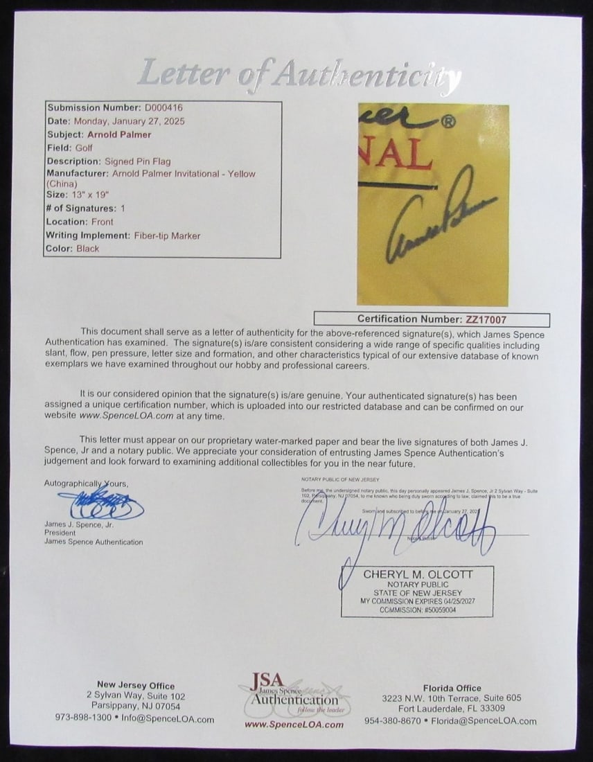Signed AUTO Pin Flag Framed JSA Arnold Palmer Invitational - 5