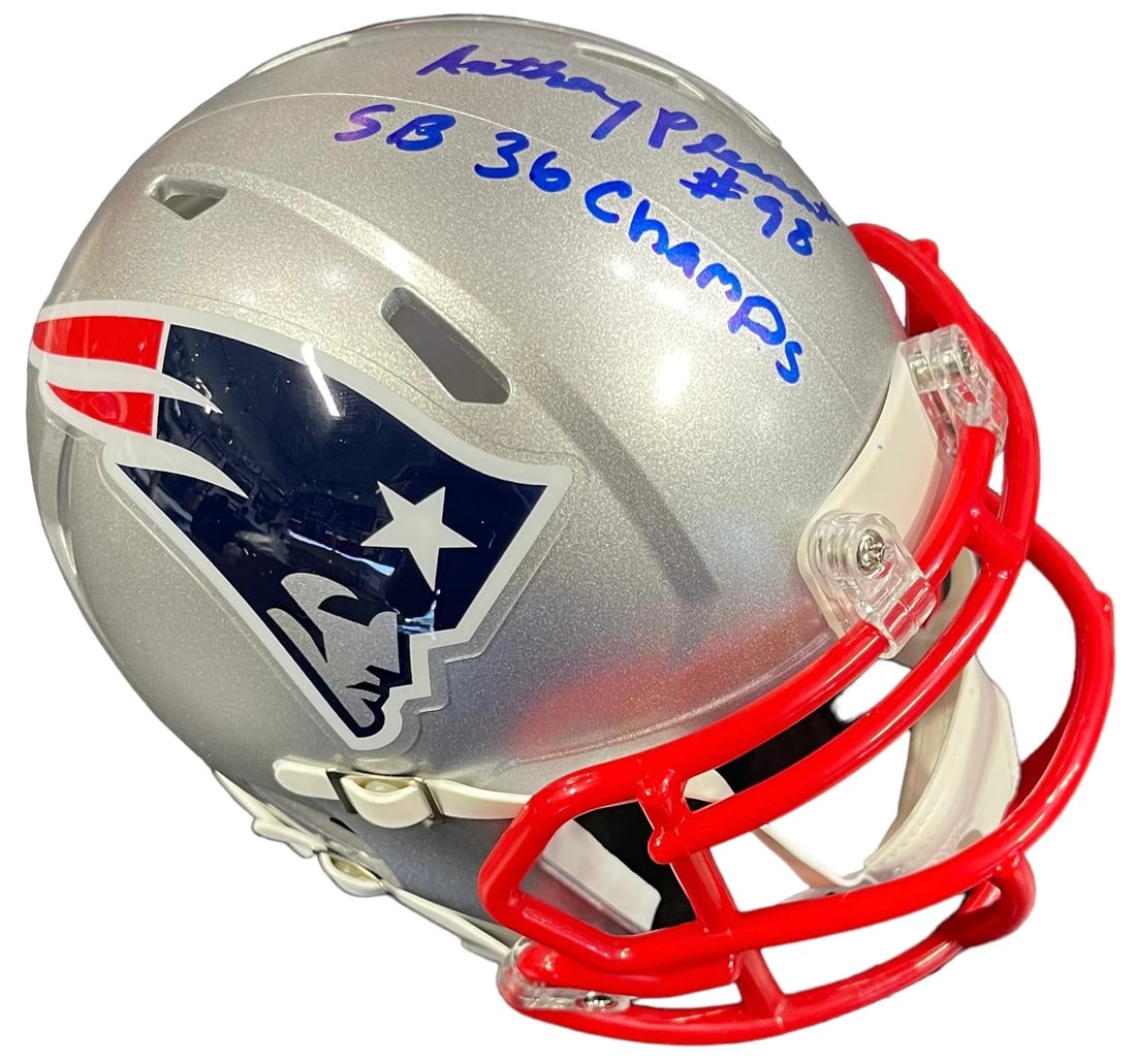 Anthony Pleasant "SB 36 Champs" Autographed New England Patriots Mini Helmet (JS: Anthony Pleasant "SB 36 Champs" Autographed New England Patriots Mini Helmet (JS Signed in blue sharpie across the side of the helmet, this mini New England Patriots helmet bears an inscription from A
