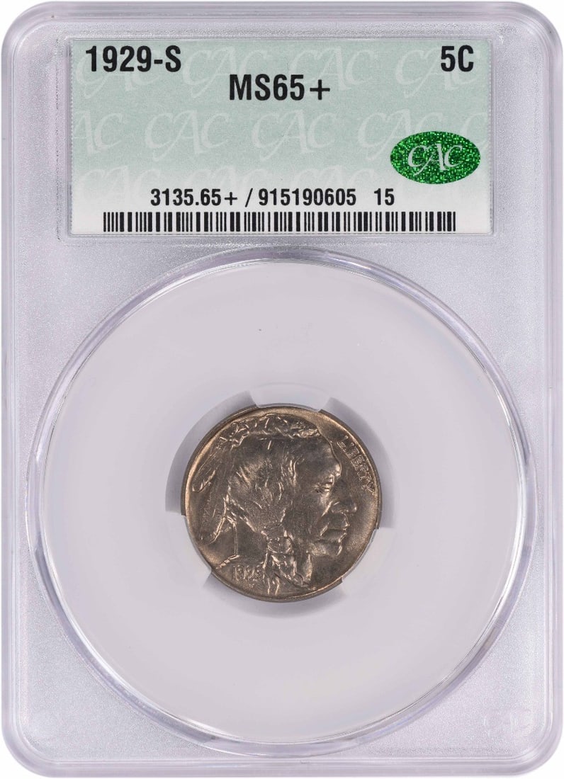 MS65+ 1929-S Buffalo Nickel CACG: MS65+ 1929-S Buffalo Nickel CACG MS65+ 1929-S Buffalo Nickel CACG features a high-grade circulated condition, with significant detail and luster preserved. This uncirculated coin boasts an impressive 