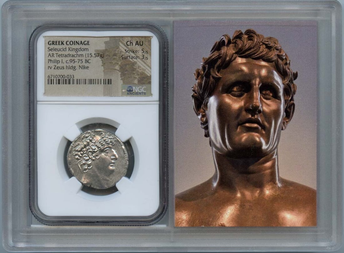 Greek Coinage Tetradrachm Seleucid Kingdom NGC Story Vault: Greek Coinage Tetradrachm Seleucid Kingdom NGC Story Vault NGC Certified Tetradrachm Coin from the Seleucid Kingdom, graded AU55. This ancient Greek coin boasts a rich history and features a distincti