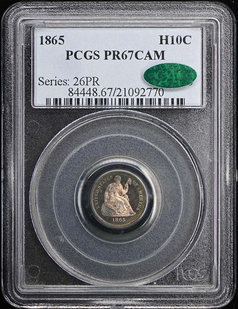 PCGS PR67CAM CAC H10C Liberty Seated Half Dime 1865: PCGS PR67CAM CAC H10C Liberty Seated Half Dime 1865 PCGS PR67CAM CAC H10C Liberty Seated Half Dime 1865, graded PR67 by PCGS and bearing the CAM designation, showcases exceptional detail and preservat