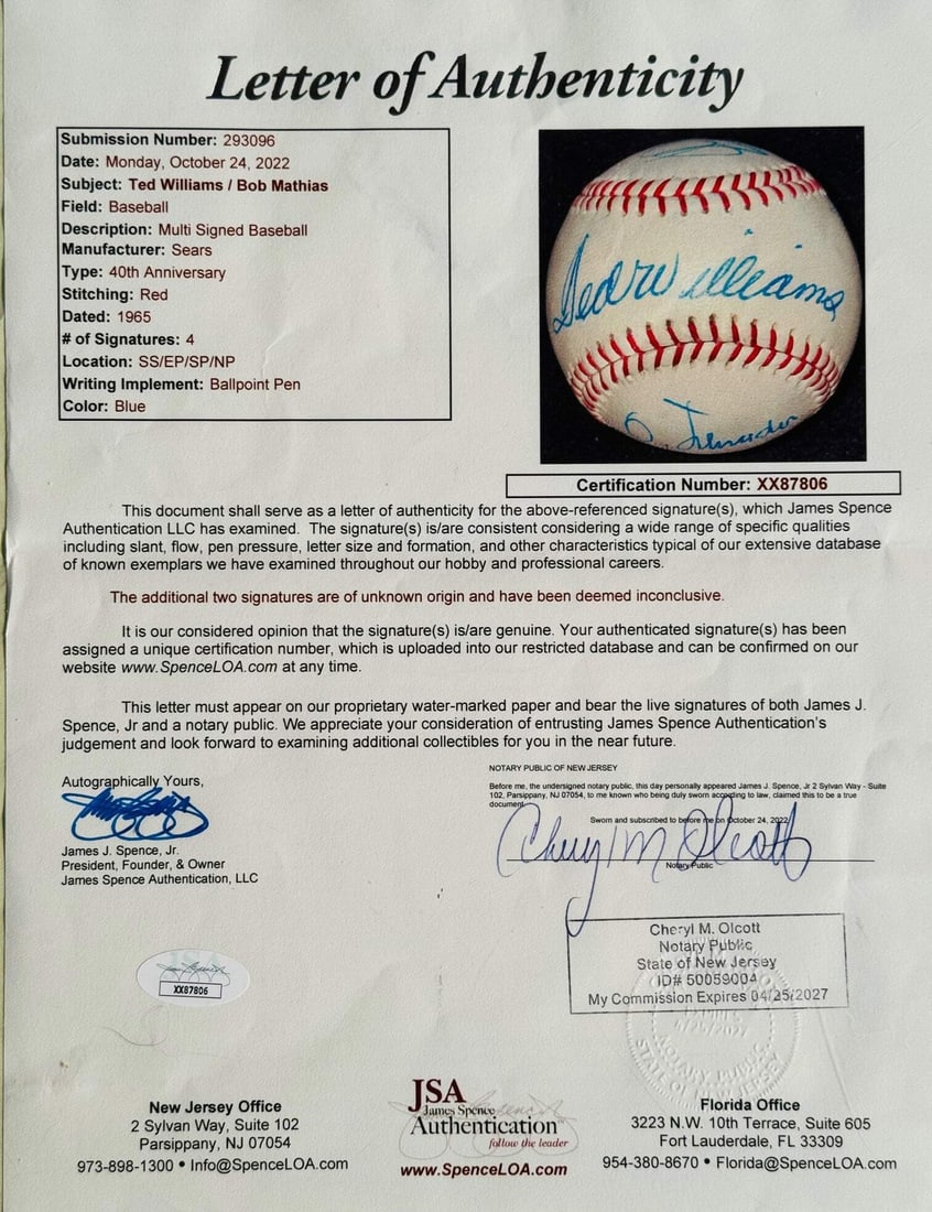 Ted Williams Autographed Sears 40th Anniversary Baseball (JSA) - 2