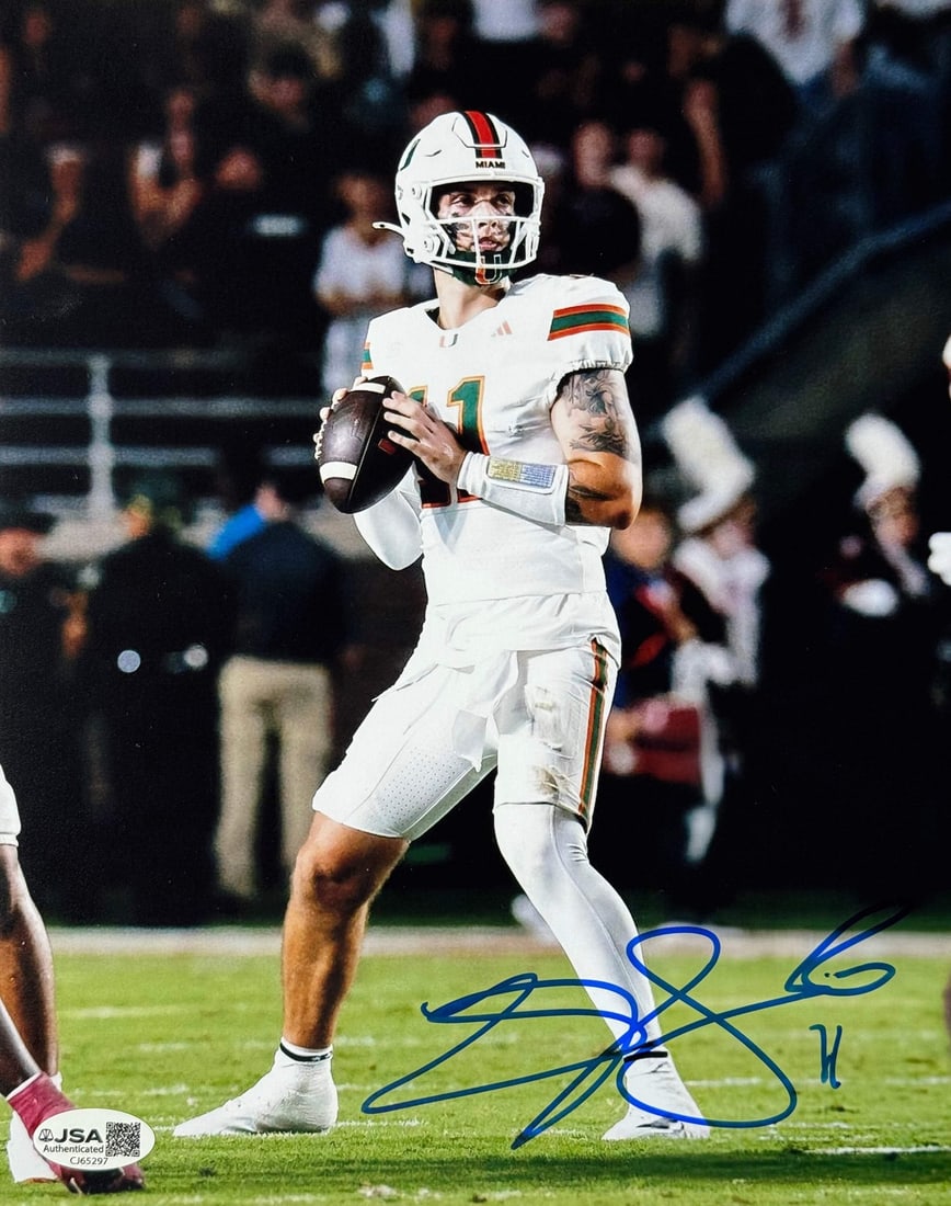Beck Autographed Hurricanes Miami 8x10 Photo JSA: Beck Autographed Hurricanes Miami 8x10 Photo JSA Carson Beck's sharpie signature adds a personal touch to this 8x10 photo, capturing his Miami Hurricanes spirit. The James Spence Authentication (JSA) 