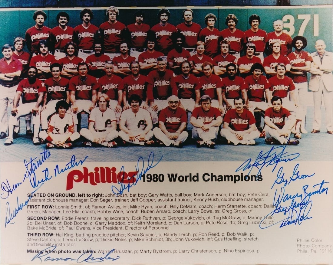 Philadelphia World Series Champs Photo Multi Signed 8x10 1980 PSA DNA: Philadelphia World Series Champs Photo Multi Signed 8x10 1980 PSA DNA Authentic 8x10 photo multi signed by the Philadelphia Phillies team from the 1980 World Series, verified by PSA/DNA. This official
