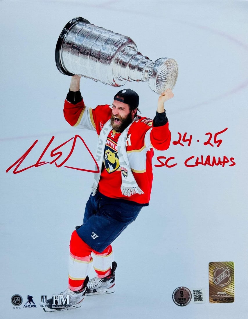 Aaron Ekblad Autographed Panthers 8x10 Photo (Beckett Witness): Aaron Ekblad Autographed Panthers 8x10 Photo (Beckett Witness) Aaron Ekblad's sharpie signature across the front of this 8x10 photo reads "24.25 SC Champs". The Beckett Witness authentication ensures 