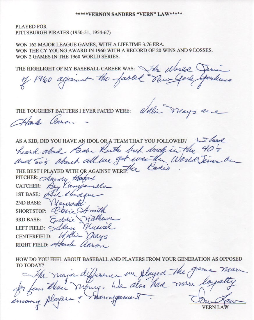 Vern Law Autographed Hand Filled Out Survey Page (JSA): Vern Law Autographed Hand Filled Out Survey Page (JSA) Vern Law's handwritten survey page bears his signature in black ink, a unique and personal touch for baseball enthusiasts. This item comes with a