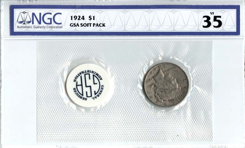 1924 Peace Dollar GSA SOFT PACK S$1 NGC VF35: 1924 Peace Dollar GSA SOFT PACK S$1 NGC VF35 1924 Peace Dollar GSA Soft Pack S$1 NGC VF35. This circulated 1924 Peace Dollar features the iconic design of the Philadelphia Mint, with a grade of VF35 f