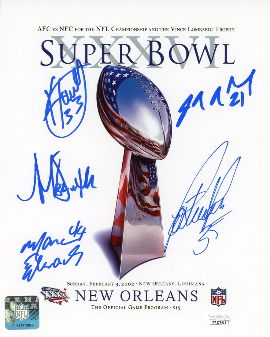 Super Bowl XXXVI Autographed 8x10 Photo (JSA): Super Bowl XXXVI Autographed 8x10 Photo (JSA) Signed by five notable players from Super Bowl XXXVI, including Kevin Faulk, JR Redmond, Marc Edwards, Patrick Pass, and Antowain Smith. This official Jam
