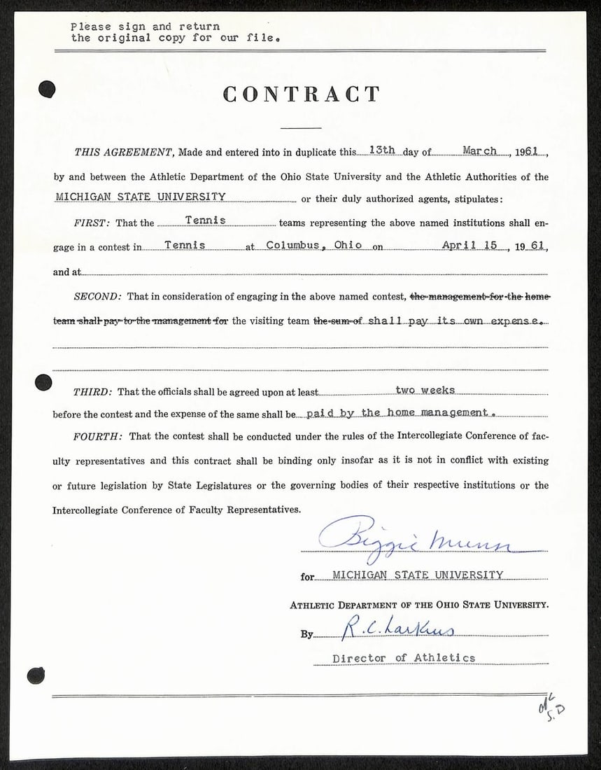 Signed Michigan State Biggie Munn HOF Coach Auto Contract JSA BA199669 (1 of 2)