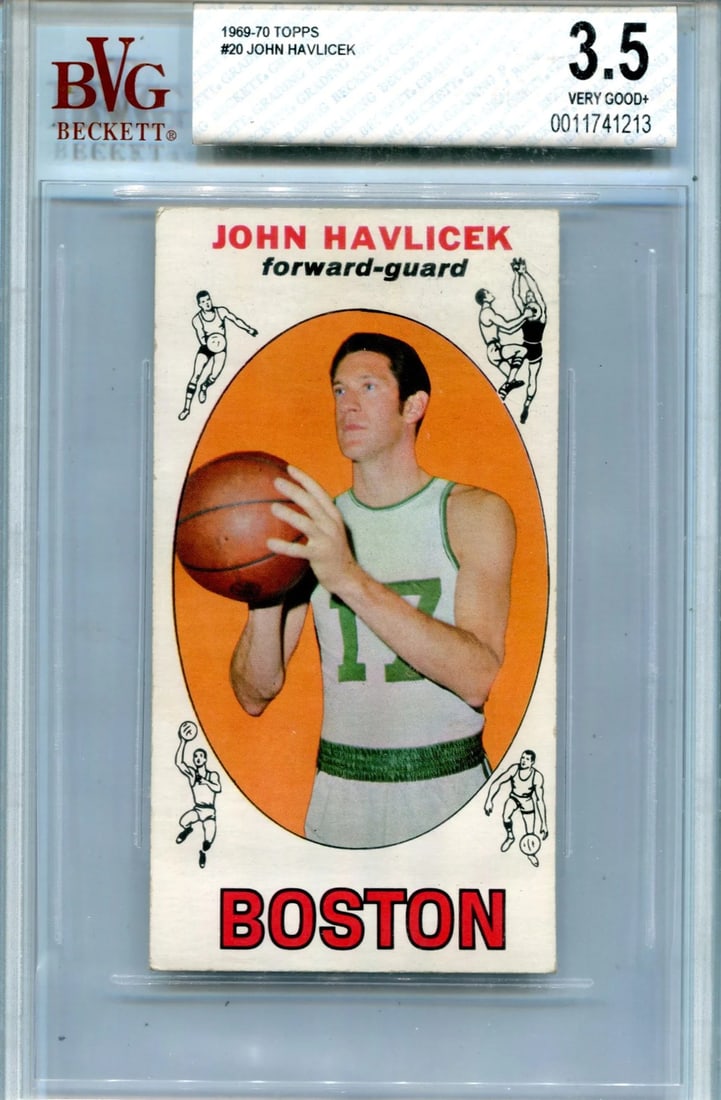 Havlicek John 3.5 Very 1969-70 Topps #20 BVG Beckett Card: Havlicek John 3.5 Very 1969-70 Topps #20 BVG Beckett Card This 1969-70 Topps #20 card features John Havlicek, a standout player in the NBA. The card is graded as a 3.5 Very Good by Beckett and comes w