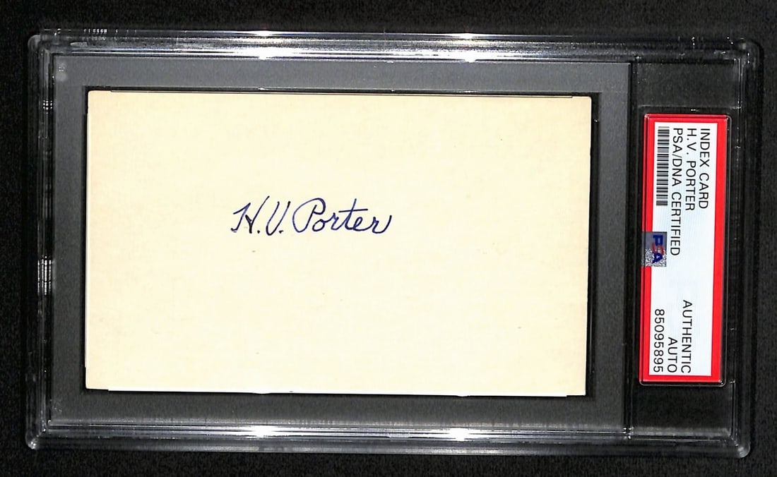 HOF March Madness H.V. Porter Signed 3x5 Index Card Coined PSA DNA 185475 (1 of 2)
