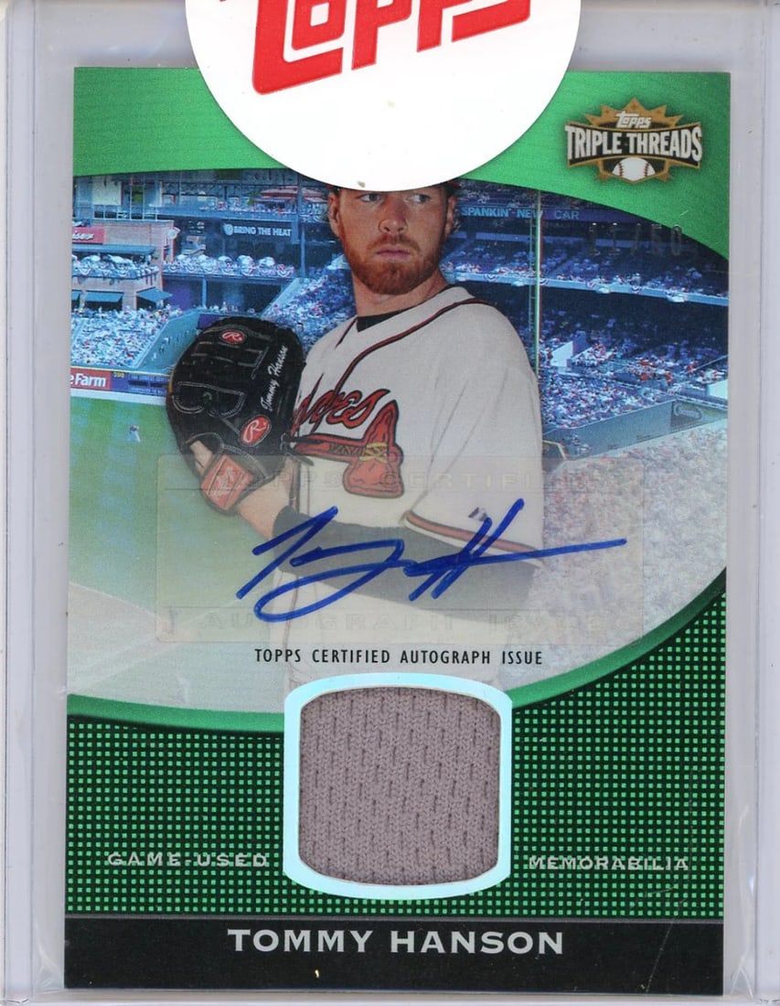 Tommy Hanson Autographed 2011 Topps Patch Card: Tommy Hanson Autographed 2011 Topps Patch Card Factory signed in blue sharpie across the front, this 2011 Topps Triple Threads Patch Card features Tommy Hanson's autograph as part of a numbered editio