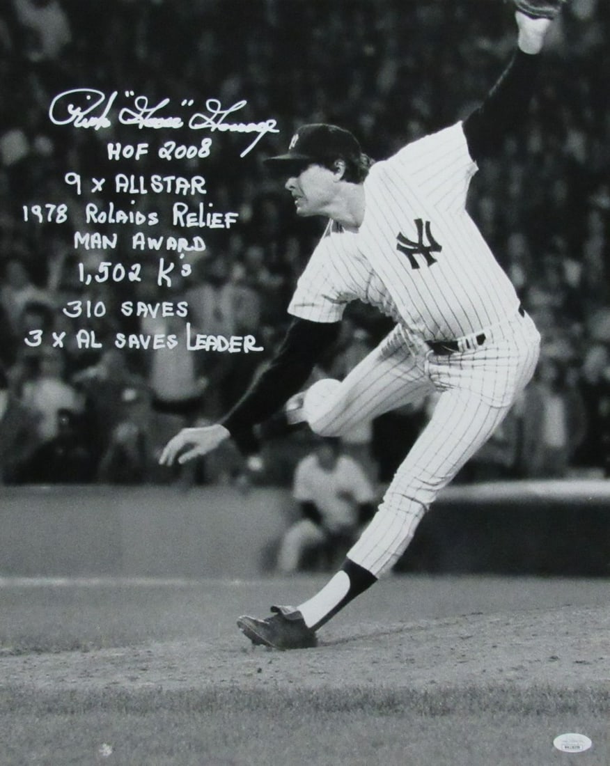 Goose Gossage Autographed 16x20 Loaded Inscriptions HOF Yankees 16x20 Photo JSA: Goose Gossage Autographed 16x20 Loaded Inscriptions HOF Yankees 16x20 Photo JSA Goose Gossage's iconic baseball career is captured in this 16x20 loaded inscriptions photo, signed by the legendary Yank