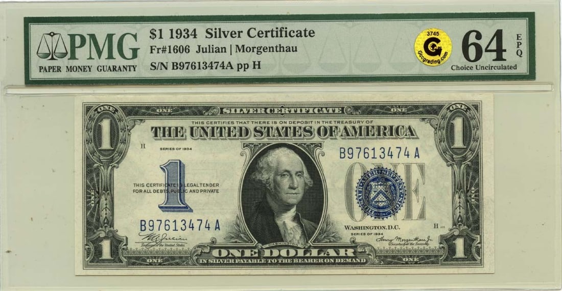 $1 1934 silver certificate #1606 pmg epq cu64 gcc gold: $1 1934 silver certificate #1606 pmg epq cu64 gcc gold Item Specifics: Certification: PMG Certification Number: 1021130044 Grade: MS64 Circulated/Uncirculated: Uncirculated Denomination: Silver Certif
