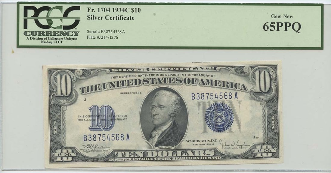 1934C $10 Silver Certificate FR#1704 PCGS 65 Gem New PPQ: 1934C $10 Silver Certificate FR#1704 PCGS 65 Gem New PPQ The 1934C $10 Silver Certificate, graded MS65 by PCGS, boasts an impressive level of detail and preservation. This circulated/ununcirculated no