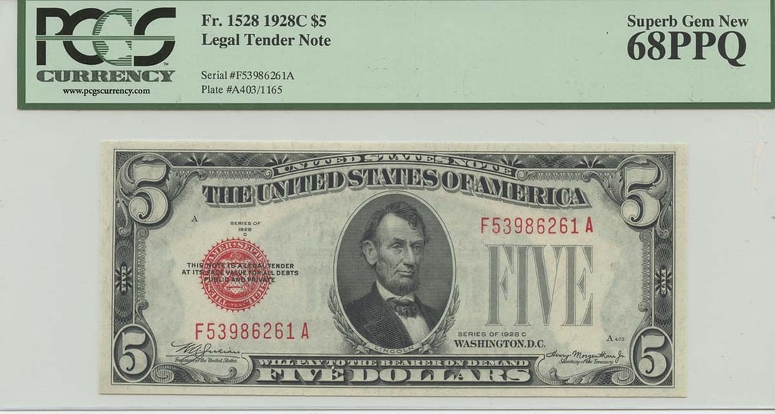 1928C $5 Legal Tender FR#1528 PCGS 68 PPQ Superb Gem: 1928C $5 Legal Tender FR#1528 PCGS 68 PPQ Superb Gem The 1928C $5 Legal Tender, graded MS68 by PCGS, boasts exceptional condition with near-perfect preservation. This Superb Gem features a stunning ap