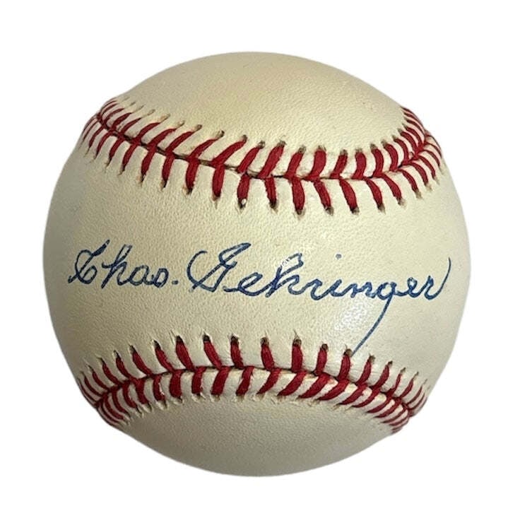 Chas. Gehringer Autographed Official American League Bobby Brown Baseball: Chas. Gehringer Autographed Official American League Bobby Brown Baseball Chas Gehringer's blue pen signature across the sweet spot of an official American League Bobby Brown baseball adds a touch of 