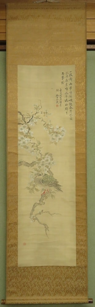 Tsubaki Chinzan Japanese Hanging Scroll Kakejiku Cherry Blossoms and Dove Art: Tsubaki Chinzan Japanese Hanging Scroll Kakejiku Cherry Blossoms and Dove Art Item Specifics: Artist: Tsubaki Chinzan Subject: Cherry Blossoms and Dove Material: Silk and Jade Roller Ends Style: Japan