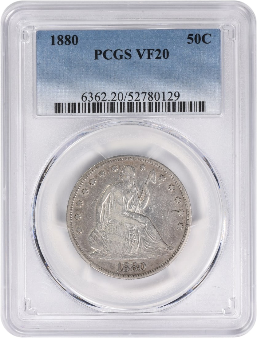 1880 Liberty Seated Silver Half Dollar VF20 PCGS: 1880 Liberty Seated Silver Half Dollar VF20 PCGS The 1880 Liberty Seated Silver Half Dollar features Gobrecht's iconic design, showcasing Seated Liberty on the obverse and a wreath surrounding the den
