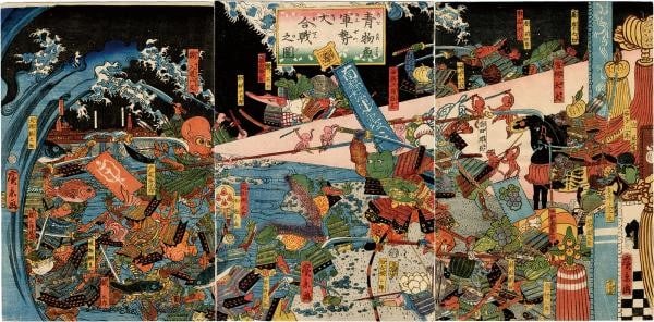 Utagawa Hirokage Ukiyo e Triptych Great Battle Vegetables Fish (1 of 2)