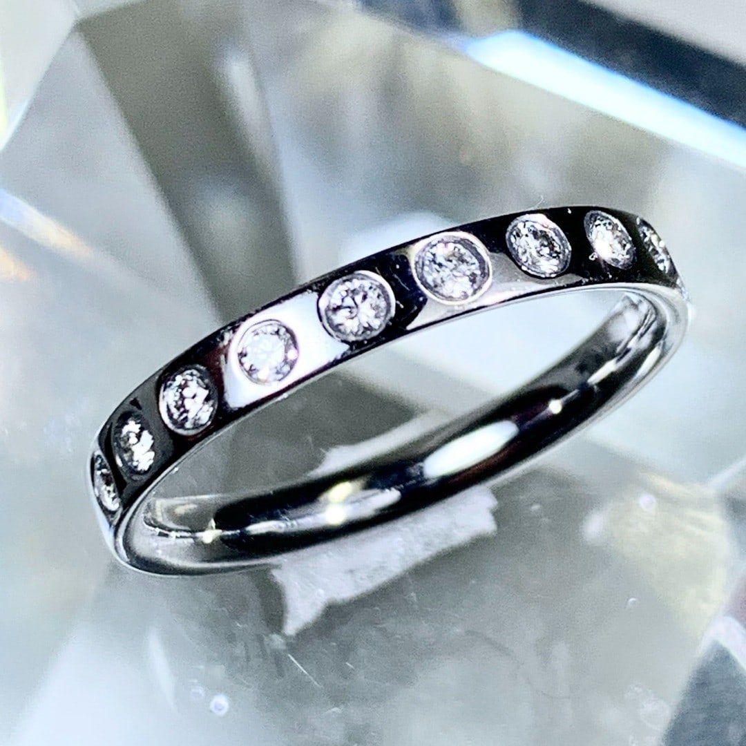 Diamond eternity ring in rare white gold by George Jensen US6: Diamond eternity ring in rare white gold by George Jensen US6 Item Specifics: Brand: Georg Jensen Ring Size: 6 Type: Ring Metal Purity: 18k Color: White Gold Base Metal: White Gold Style: Ring Materia