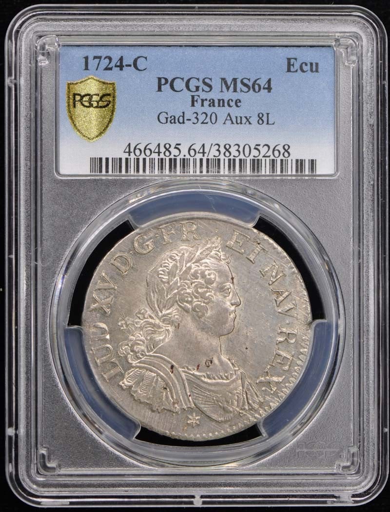 1724-C France Ecu Aux 8 L Buste Jeune Droit PCGS MS64: 1724-C France Ecu Aux 8 L Buste Jeune Droit PCGS MS64 The 1724-C France Ecu Aux 8 L Buste Jeune Droit PCGS MS64 is an uncirculated coin featuring a young portrait with a distinctive bust design. Certi