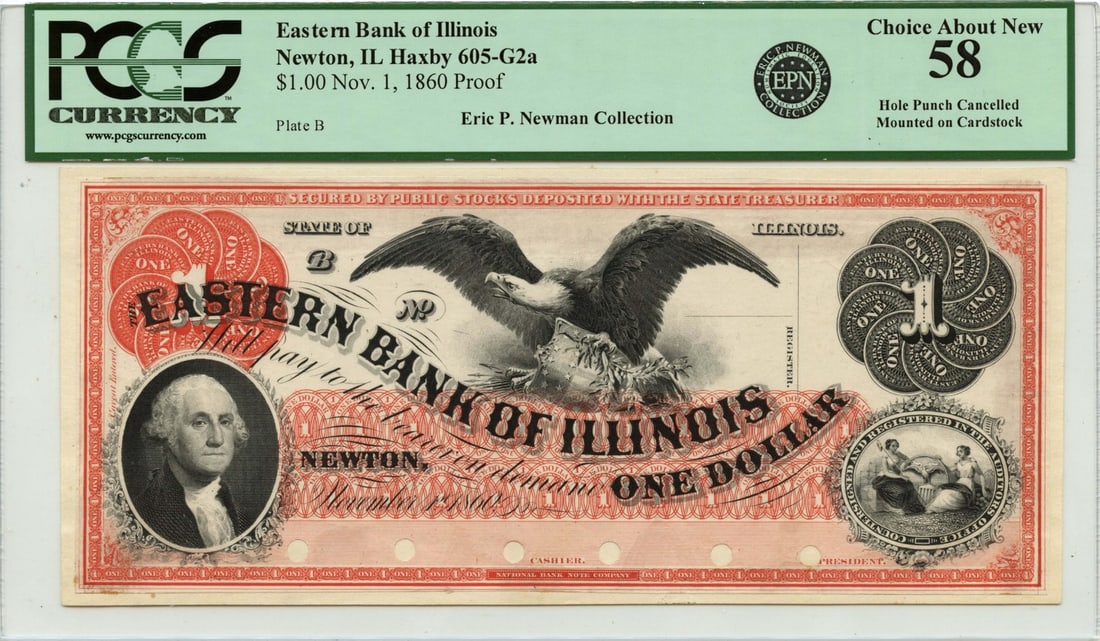 1860 $1 Newton, Illinois Obsolete Note Eastern Bank PCGS AU58 GCC Gold Proof: 1860 $1 Newton, Illinois Obsolete Note Eastern Bank PCGS AU58 GCC Gold Proof PCGS AU58, this 1860 $1 Newton, Illinois Obsolete Note features a Gold Proof finish and bears the certification of the Prof