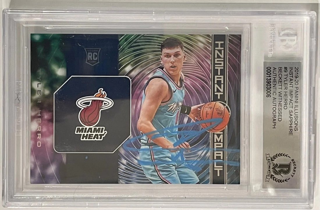 Tyler Herro Autographed 2019-20 Panini Illusions Rookie Card #9 (Beckett): Tyler Herro Autographed 2019-20 Panini Illusions Rookie Card #9 (Beckett) Item Specifics: Brand: Beckett Tyler Herro Autographed 2019-20 Panini Illusions Instant Impact Rookie Card #9 Card is signed