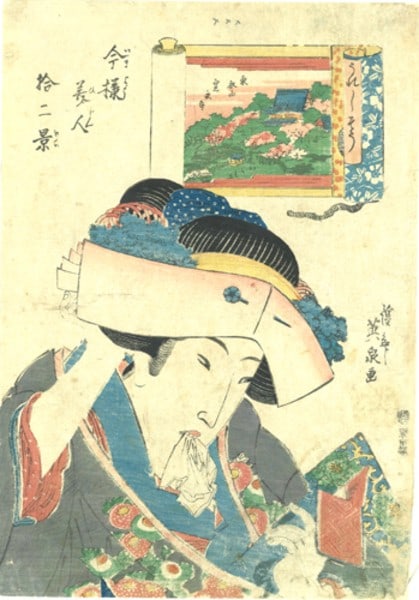 Keisai Eisen Woodblock Print Twelve Views of Modern Beauties Kaneiji Temple (1 of 2)