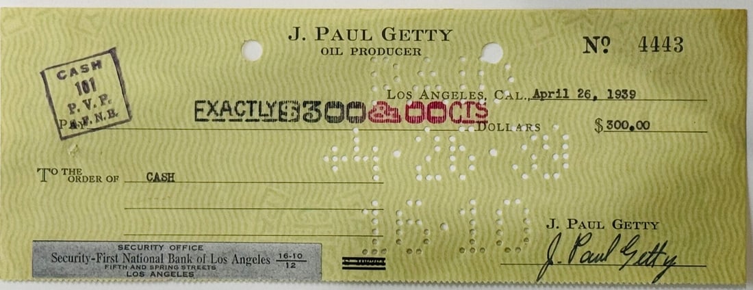 J. Paul Getty Founder of Getty Oil Company Signed Personal Check April 1939 (1 of 2)