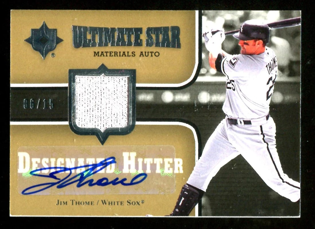 Jim Thome 2007 Ultimate Star Game Used/ Autographed Card #6/ 15: Jim Thome 2007 Ultimate Star Game Used/ Autographed Card #6/ 15 Jim Thome's 2007 Ultimate Star Game Used/Autographed Card #6/15 features a blue sharpie signature across the front, bearing his name. Th
