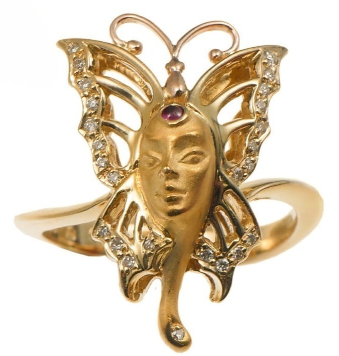 Carrera y Carrera Butterfly Woman Mask Diamond Ruby 18k Yellow Gold Ring w Box (1 of 8)