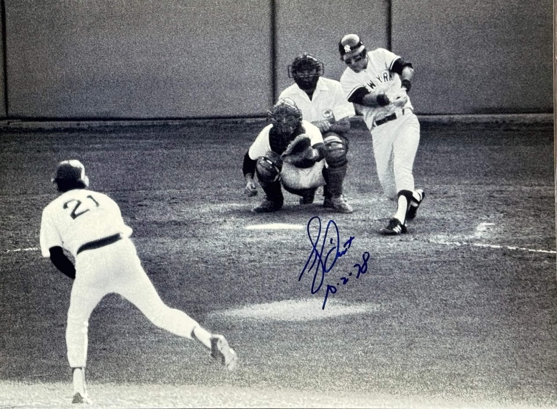Bucky Dent autographed Yankees baseball photo 11x14: Bucky Dent autographed Yankees baseball photo 11x14 Bucky Dent's iconic baseball photo, signed in blue sharpie across the front with the date "10.2.78". This 11x14 photo captures a memorable moment fr