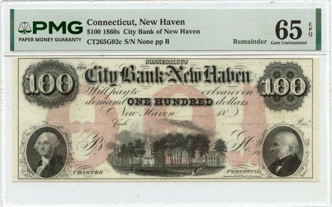 1860s $100 New Haven, Connecticut Obsolete Note City Bank PMG GEM 65 EPQ: 1860s $100 New Haven, Connecticut Obsolete Note City Bank PMG GEM 65 EPQ Item Specifics: Certification: PMG Certification Number: 2423204030 Grade: MS65 Circulated/Uncirculated: Uncirculated Product D