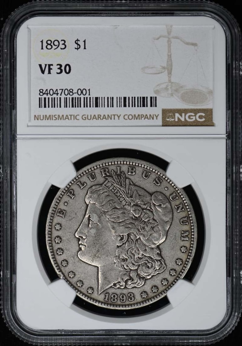 1893 Morgan Dollar S$1 NGC VF30: 1893 Morgan Dollar S$1 NGC VF30 The 1893 Morgan Dollar S$1 NGC VF30 is a circulated example from the Philadelphia mint, bearing the distinctive design of Augustus Saint-Gaudens. With an NGC certificat